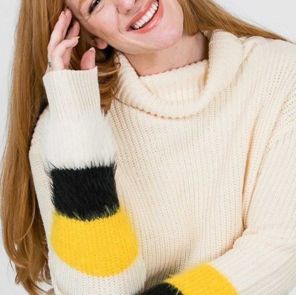 ZENOBIA Chunky Knit Colorblock Cowl Turtleneck Pullover Sweater NWT
